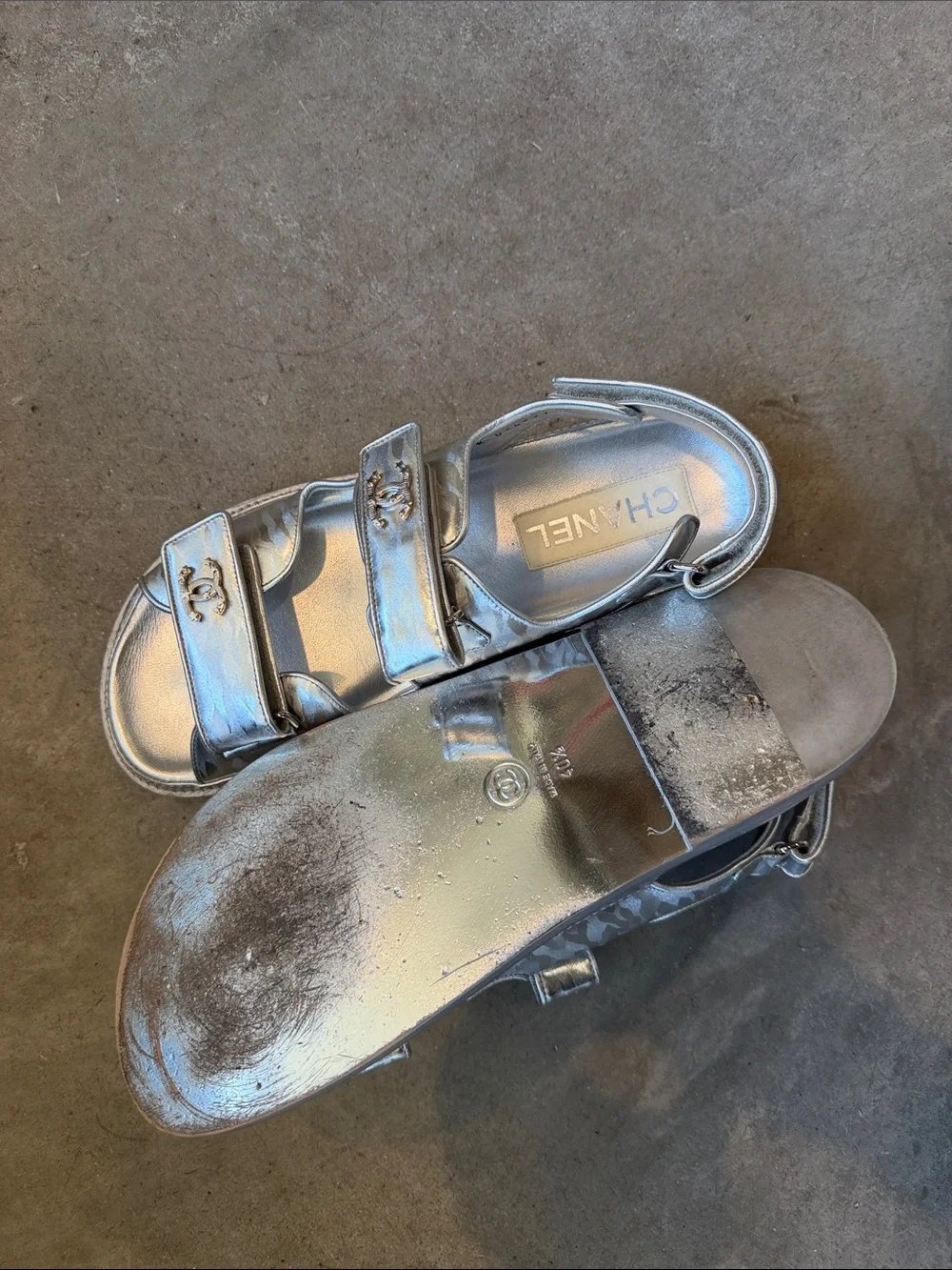 Chanel Metallica  Silver Leather Velcro dad Sandals